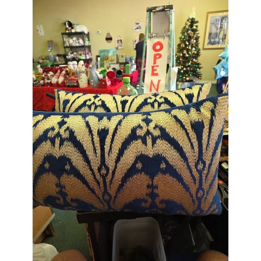 2 Callisto Home Throw Pillows Navy Blue Gold Beautiful Lumbar